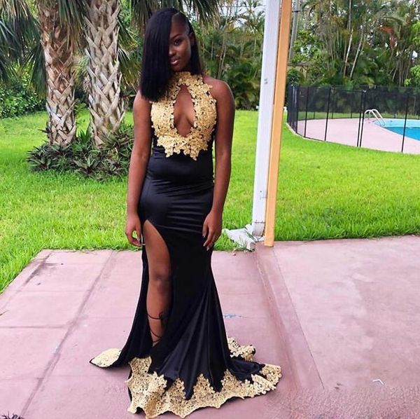 african black mermaid prom dresses halter neck high slit sheer lace appliques evening dress long arabic dubai party gowns
african black mermaid prom dresses halter neck high slit sheer lace appliques evening dress long arabic dubai party gowns
