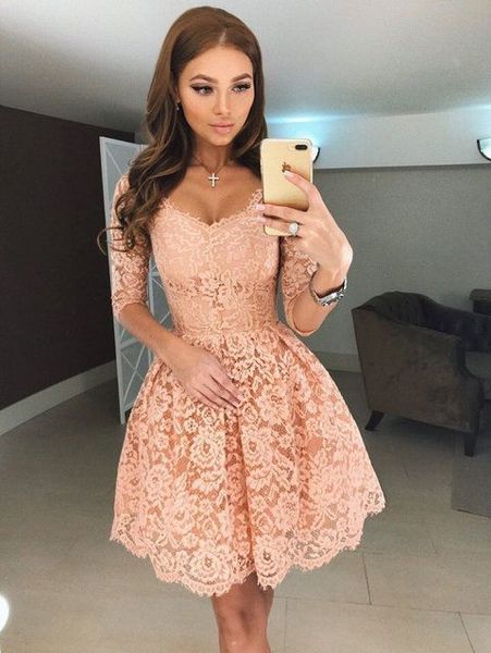 v neck short lace homecoming dress half sleeves knee length hoco party dress, Blue;pink
v neck short lace homecoming dress half sleeves knee length hoco party dress, Blue;pink