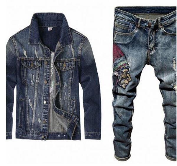 spring fashion men's sets vintage embroidery punk style long sleeve campera hombre hole ripped denim pants man suit
spring fashion men's sets vintage embroidery punk style long sleeve campera hombre hole ripped denim pants man suit