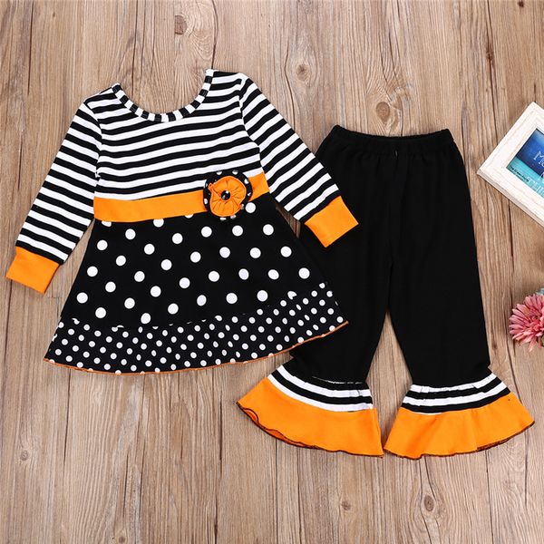 

halloween girl kids clothes set long-sleeved striped wavy dress + lace bell trousers two piece sets wholesale jy810, White