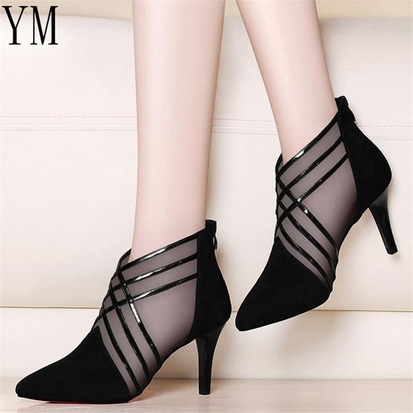 

mesh & lace crossed stripe women ladies casual pointed toe high stilettos heels pumps 8cm feminine mujer sandals shoes c01, Black