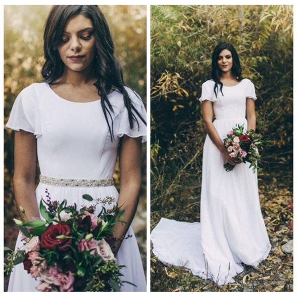 simple a-line thick chiffon modest wedding dresses with flutter sleeve scoop neck detachable crystals belt bridal gowns vestidos de novia, White
simple a-line thick chiffon modest wedding dresses with flutter sleeve scoop neck detachable crystals belt bridal gowns vestidos de novia, White