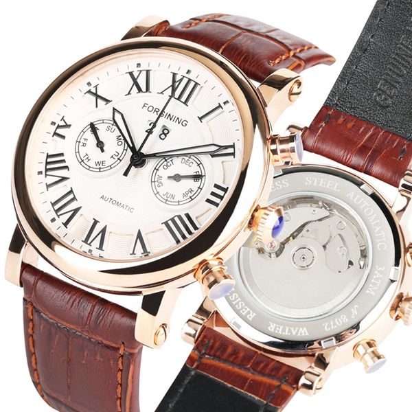 

forsining men's watches 3d dial design luminous watch men leather automatic mechanical clock male relogio masculino, Slivery;brown