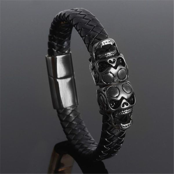 punk genuine leather bracelet bangle double skull charm bracelet men women woven leather rope jewelry magnet, Black
punk genuine leather bracelet bangle double skull charm bracelet men women woven leather rope jewelry magnet, Black