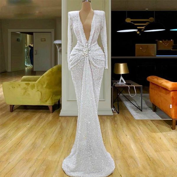 2020 glitter white mermaid evening dresses v neck beaded crystal long sleeve sequined ruched waist formal party gowns custom made prom dress, Black;red
2020 glitter white mermaid evening dresses v neck beaded crystal long sleeve sequined ruched waist formal party gowns custom made prom dress, Black;red