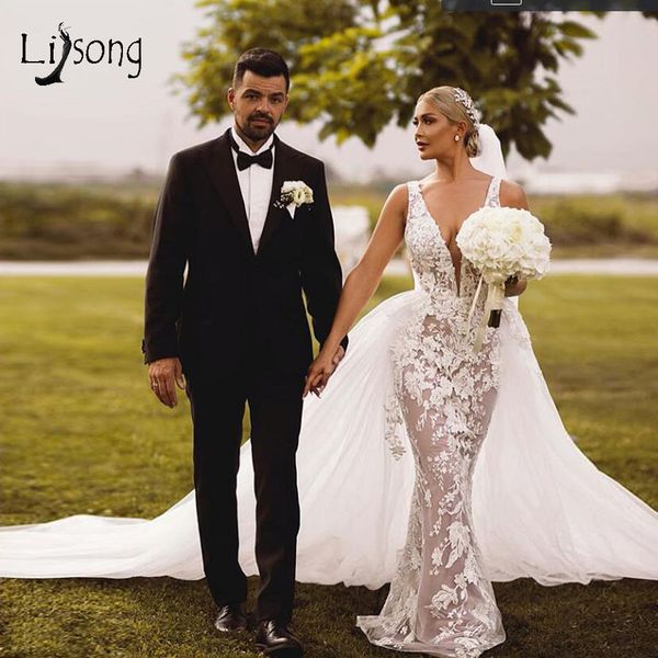 deep v neck mermaid wedding dresses with detachable train open back full lace beach bohemain plus size bridal gown, White
deep v neck mermaid wedding dresses with detachable train open back full lace beach bohemain plus size bridal gown, White