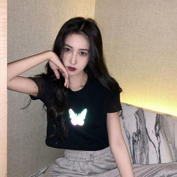 reflective butterfly print short-sleeved t-shirt female summer new korean short bottom t shirts, White
reflective butterfly print short-sleeved t-shirt female summer new korean short bottom t shirts, White