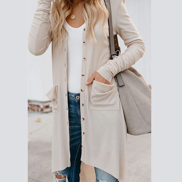 2019 women snap button long sweater cardigans v neck long sleeve ribbed detail knittings klady casual autumn outer knitwear coat, White
2019 women snap button long sweater cardigans v neck long sleeve ribbed detail knittings klady casual autumn outer knitwear coat, White