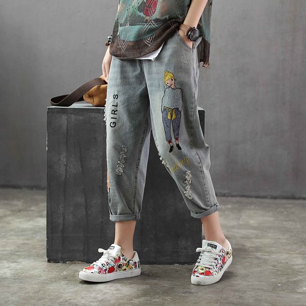 women's jeans korea fashion spring women cartoon embroidery loose denim harem pants elastic waist vintage hole calf-length, Blue
women's jeans korea fashion spring women cartoon embroidery loose denim harem pants elastic waist vintage hole calf-length, Blue