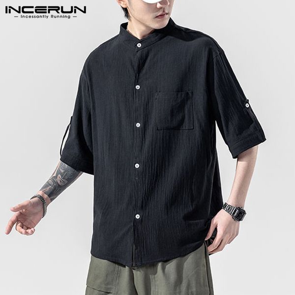 men's shirt solid color cotton 2020 stand collar casual short sleeve japanese blouse streetwear camisas hombre harajuku incerun, White;black
men's shirt solid color cotton 2020 stand collar casual short sleeve japanese blouse streetwear camisas hombre harajuku incerun, White;black