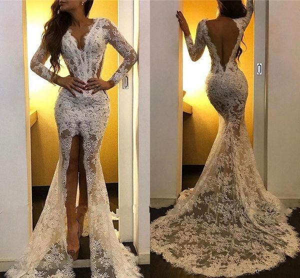 2020 new mermaid wedding dresses v neck long sleeves full lace appliques front split sheer sweep train backless plus size bridal gowns, White
2020 new mermaid wedding dresses v neck long sleeves full lace appliques front split sheer sweep train backless plus size bridal gowns, White