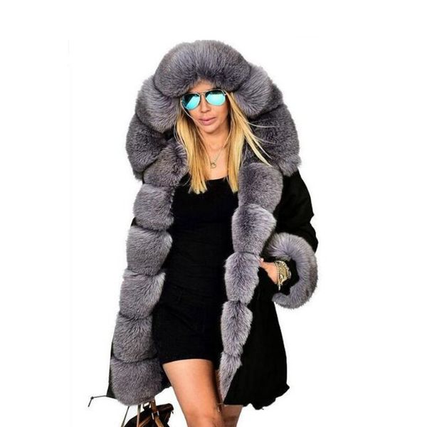 Fashion Women's Rabbit Fur Lining Hooded Long Coat Parkas Outwear Large Raccoon Fur Collar Winter Jacket