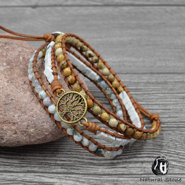 women men 3 strands natural stone white howlite onyx bracelet genuine leather rope braided tree of life charm bracelets jewelry, Black
women men 3 strands natural stone white howlite onyx bracelet genuine leather rope braided tree of life charm bracelets jewelry, Black