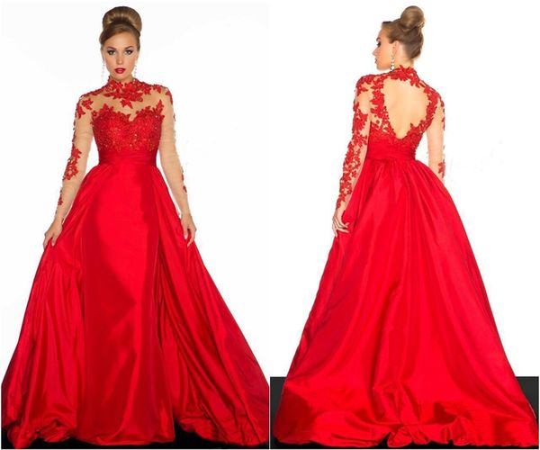sheer style red prom dresses long high neck lace taffeta a-line applique long sleeve backless formal evening gowns custom, Black
sheer style red prom dresses long high neck lace taffeta a-line applique long sleeve backless formal evening gowns custom, Black