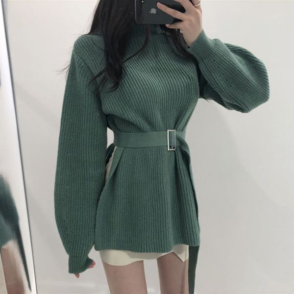 pullover women vintage lantern sleeve turtleneck knitted sweater waist chalaza side slit long sweater, White;black
pullover women vintage lantern sleeve turtleneck knitted sweater waist chalaza side slit long sweater, White;black