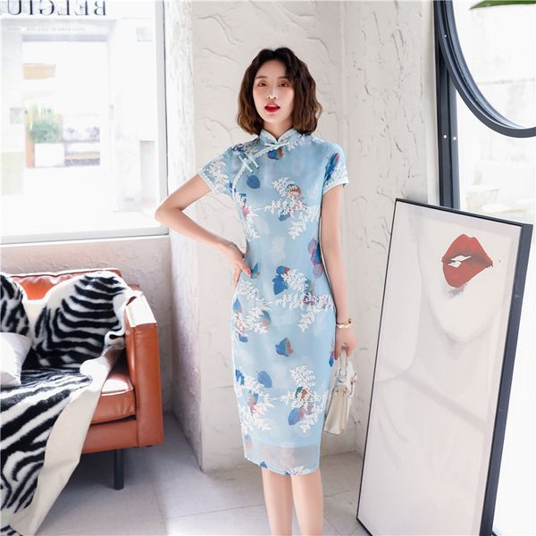 women summer new chiffon cheongsam vestidso mandarin collar flower evening party dress high split novelty short qipao, Red
women summer new chiffon cheongsam vestidso mandarin collar flower evening party dress high split novelty short qipao, Red