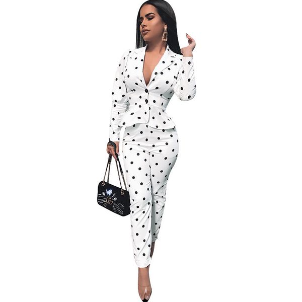 women notched collar polka dot ruffles blazer coat and high waist pant suits elegant workwear business office lady 2 piece set, White;black
women notched collar polka dot ruffles blazer coat and high waist pant suits elegant workwear business office lady 2 piece set, White;black