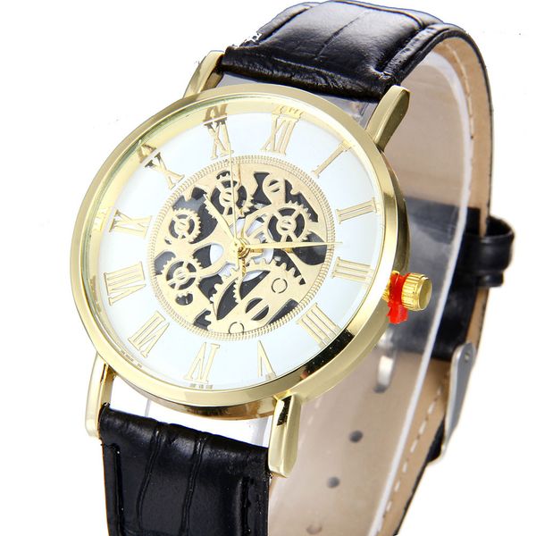 

timezone#301 fashion men watch leather hollow dial analog rome digital quartz wrist watch simple male clock, Slivery;brown