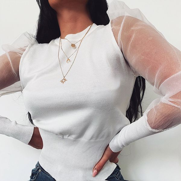 2019 autumn new women knitted organza stitching perspective full sleeve round neck fashion casual slim wild top, White
2019 autumn new women knitted organza stitching perspective full sleeve round neck fashion casual slim wild top, White