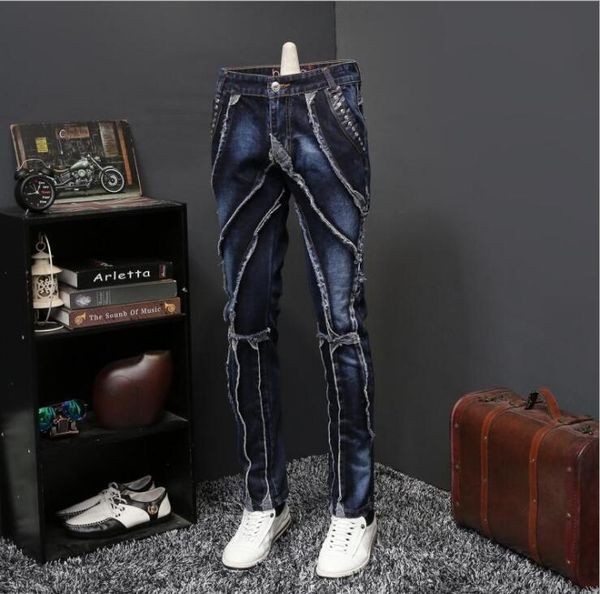 2018 autumn new jeans male european and american style youth fashion personality slim straight long pants stitching tide card, Blue
2018 autumn new jeans male european and american style youth fashion personality slim straight long pants stitching tide card, Blue