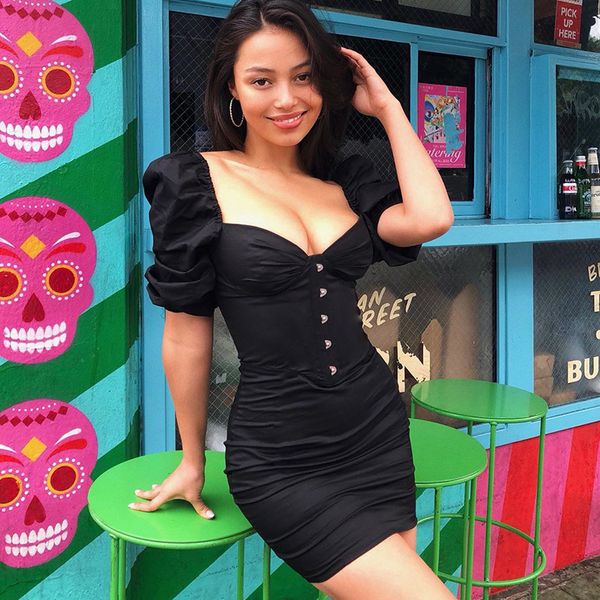 women solid short lantern sleeve folds bodycon bag hips satin buttons mini dress plain sundress new arrival party casual, Black;gray
women solid short lantern sleeve folds bodycon bag hips satin buttons mini dress plain sundress new arrival party casual, Black;gray