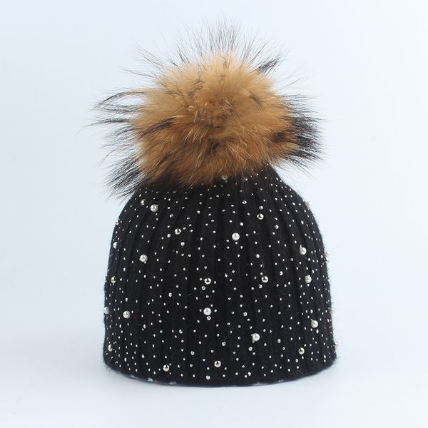 

winter rhinestone hats wool knitted beanies cap real fur pompom hat skullies outdoor ski warm knit caps gga3085-4, Yellow