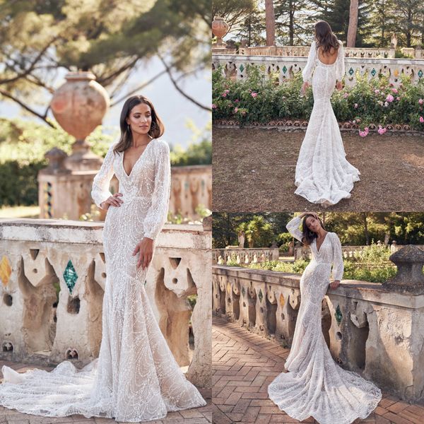 2020 elegant mermaid wedding dresses v neck lace appliques sweep train country wedding gowns customized modest long sleeve bridal dress, White
2020 elegant mermaid wedding dresses v neck lace appliques sweep train country wedding gowns customized modest long sleeve bridal dress, White