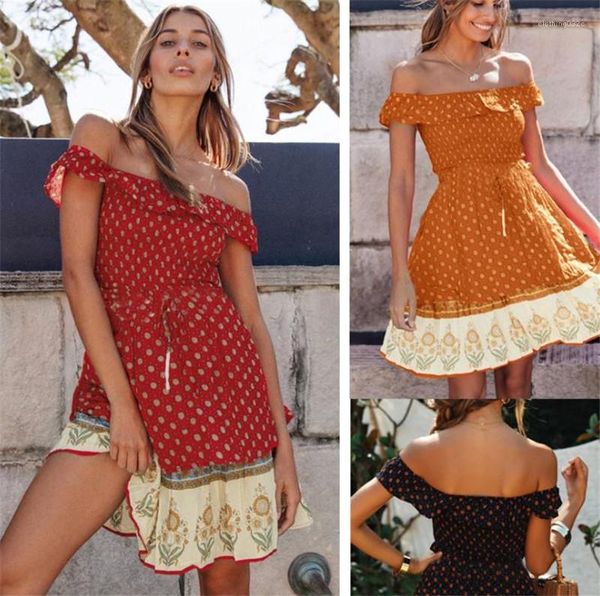 fashion floral and polka dot printed off shoulder vintage style dresses women dresses summer womens dresses, White;black 
fashion floral and polka dot printed off shoulder vintage style dresses women dresses summer womens dresses, White;black