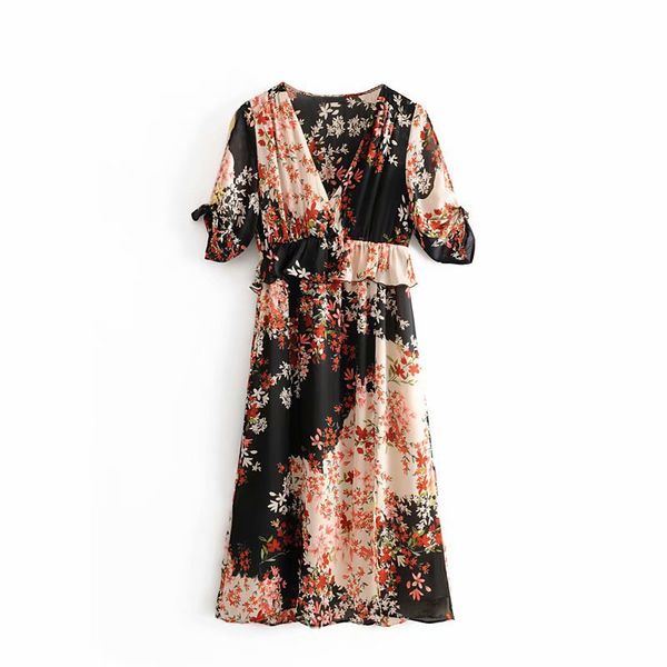 2019 summer new products western style elegant elegant laminated decoration flower floral printed dress 036-2209, Black;gray 
2019 summer new products western style elegant elegant laminated decoration flower floral printed dress 036-2209, Black;gray