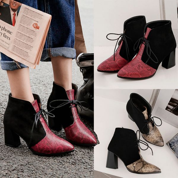 fashion european style snake grain winter boots pointed toe lace-up boots square root heels ladies vintage women, Black
fashion european style snake grain winter boots pointed toe lace-up boots square root heels ladies vintage women, Black