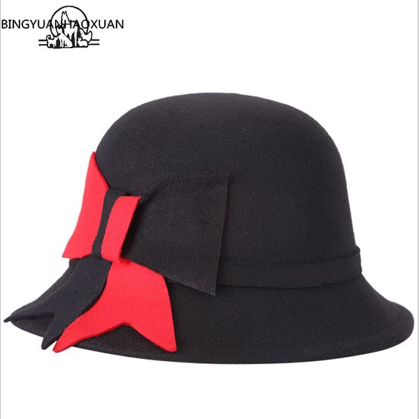 

bingyuanhaoxuan 2018 women ure felt wool bowler black fedora hat elegant flowers plush bell cap retro casual hat red women hats, Blue;gray
