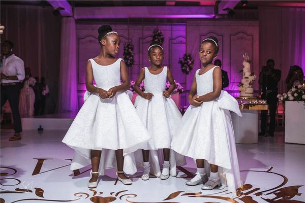 African Cute White Lace Flower Girl Dresses Newest Hi-Lo Open Back Princess Formal Girl Pageant Dresses Prom Evening Wedding Gowns 37