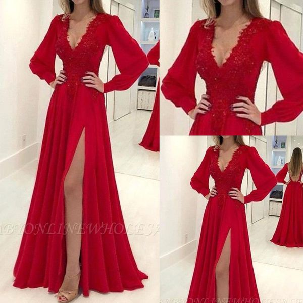 long sleeve evening gowns lace v neck a line side split long formal party evening celebrity chiffon prom dresses gowns, Black;red
long sleeve evening gowns lace v neck a line side split long formal party evening celebrity chiffon prom dresses gowns, Black;red