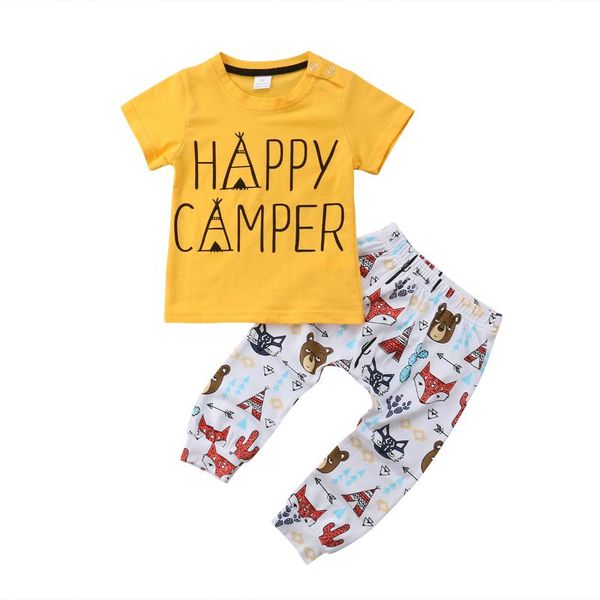casual toddler kids boys happy camper t-shirt +cartoon printed pants 2pcs outfit set kid clothes, White 
casual toddler kids boys happy camper t-shirt +cartoon printed pants 2pcs outfit set kid clothes, White