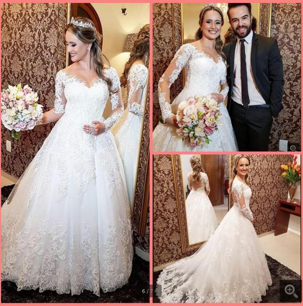 2020 vintage lace ball gown wedding dresses long sleeve illusion scoop neck bride dresses appliques see though back bridal gowns sale, White
2020 vintage lace ball gown wedding dresses long sleeve illusion scoop neck bride dresses appliques see though back bridal gowns sale, White