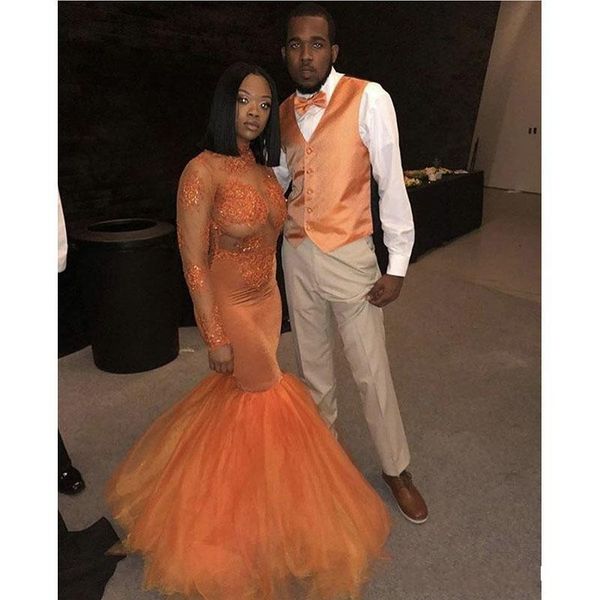 african orange 2019 mermaid prom dresses long sleeves new lace applique beading tull illusion high neck formal evening dress party gowns, Black
african orange 2019 mermaid prom dresses long sleeves new lace applique beading tull illusion high neck formal evening dress party gowns, Black