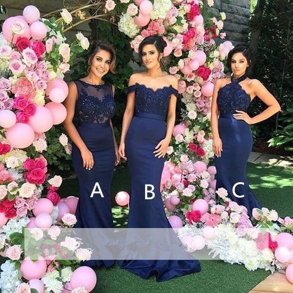 navy blue 2019 bridesmaid dresses mixed order crew mermaid off the shoulder sweetheart halter lace beaded long wedding party dresses, White;pink
navy blue 2019 bridesmaid dresses mixed order crew mermaid off the shoulder sweetheart halter lace beaded long wedding party dresses, White;pink