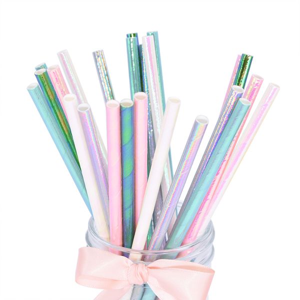 

25pcs rainbow iridescent paper straws for baby shower wedding birthday party decoration supplies mix paper drinking straws