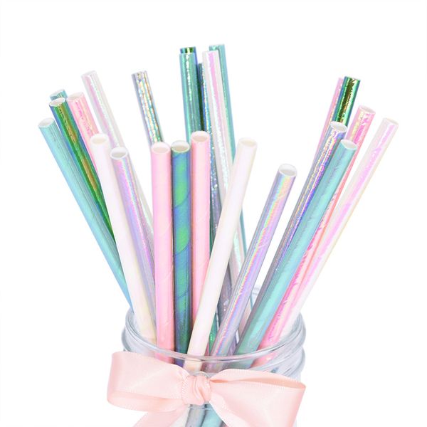 

25pcs rainbow iridescent paper straws for baby shower wedding birthday party decoration supplies mix paper drinking straws