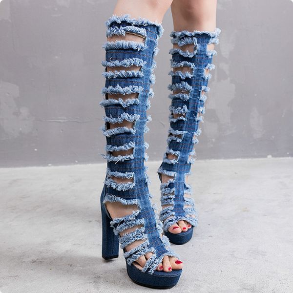 women shoes gladiator hole denim boots over knee high heels platform peep toe zipper ladies sandals zapatos de mujer n63w, Black
women shoes gladiator hole denim boots over knee high heels platform peep toe zipper ladies sandals zapatos de mujer n63w, Black