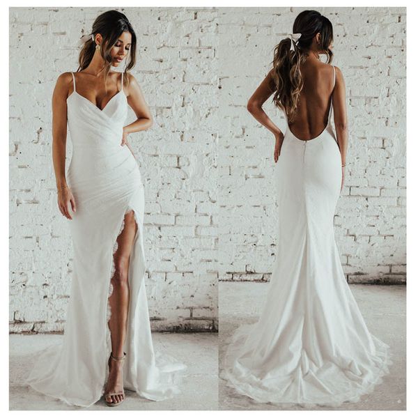 vintage spaghetti straps ivory mermaid wedding dresses high side split vestidos bridal gown custom backless summer beach boho sexy, White
vintage spaghetti straps ivory mermaid wedding dresses high side split vestidos bridal gown custom backless summer beach boho sexy, White