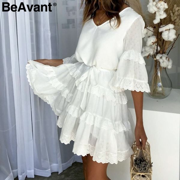 BeAvant Elegant layered ruffle women summer dress Casaul loose high waist white dress V neck embroidery short dresses ladies