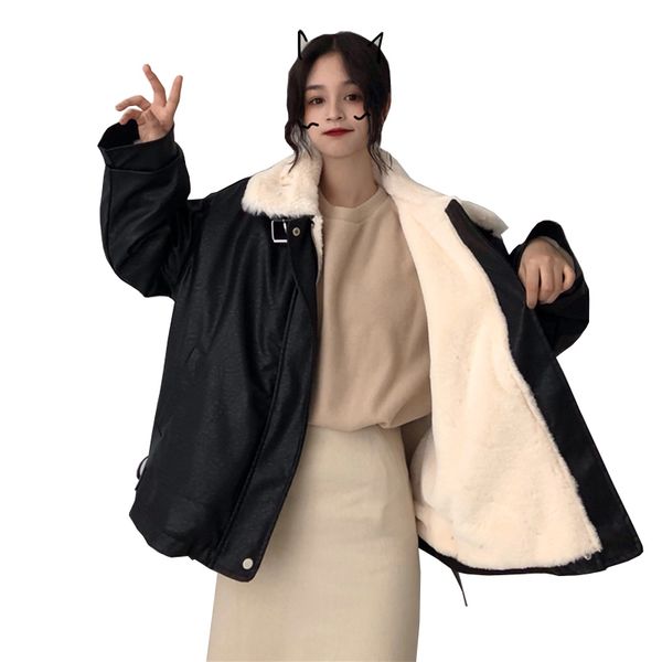 winter pu leather jacket women faux leather lambs wool fur collar jacket coats female warm black thicken loose outerwear lu641
winter pu leather jacket women faux leather lambs wool fur collar jacket coats female warm black thicken loose outerwear lu641