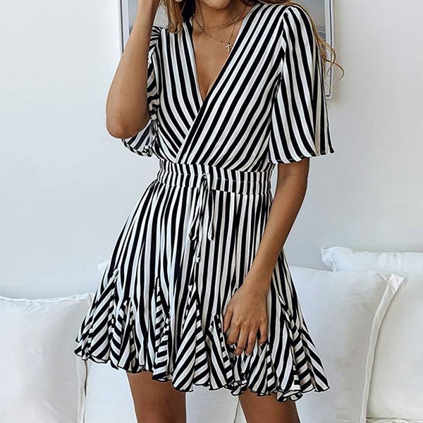 new women's deep striped dress wrap ruffle hem pleated v neck short sleeve dress party evening beach mini dresses, Black;gray
new women's deep striped dress wrap ruffle hem pleated v neck short sleeve dress party evening beach mini dresses, Black;gray
