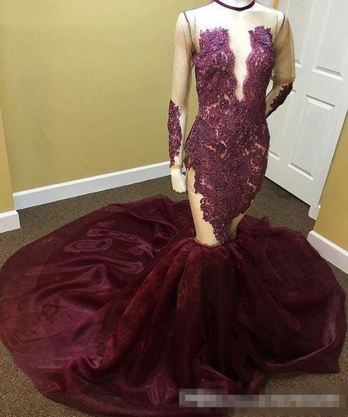 2019 burgundy mermaid prom dresses with long sleeves illusion bodice sheer neck plunging lace applique beaded organza formal wear, Black
2019 burgundy mermaid prom dresses with long sleeves illusion bodice sheer neck plunging lace applique beaded organza formal wear, Black