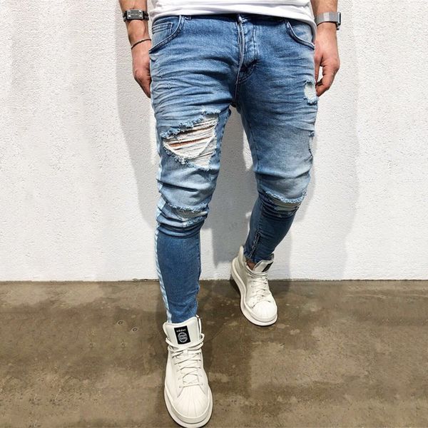 men destroyed side zipper slim jeans new fashion kanye hip-hop streetwear ripped knee holes stripe jeans for male trousers, Blue
men destroyed side zipper slim jeans new fashion kanye hip-hop streetwear ripped knee holes stripe jeans for male trousers, Blue