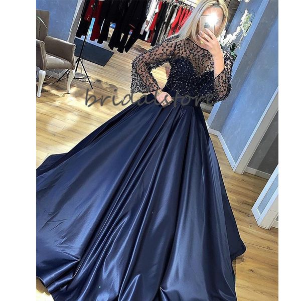 fitted navy blue prom dresses sheer neck beading elegant formal evening dresses 2020 long sleeve sweet 15 fuffly satin special occasion gown, Black
fitted navy blue prom dresses sheer neck beading elegant formal evening dresses 2020 long sleeve sweet 15 fuffly satin special occasion gown, Black