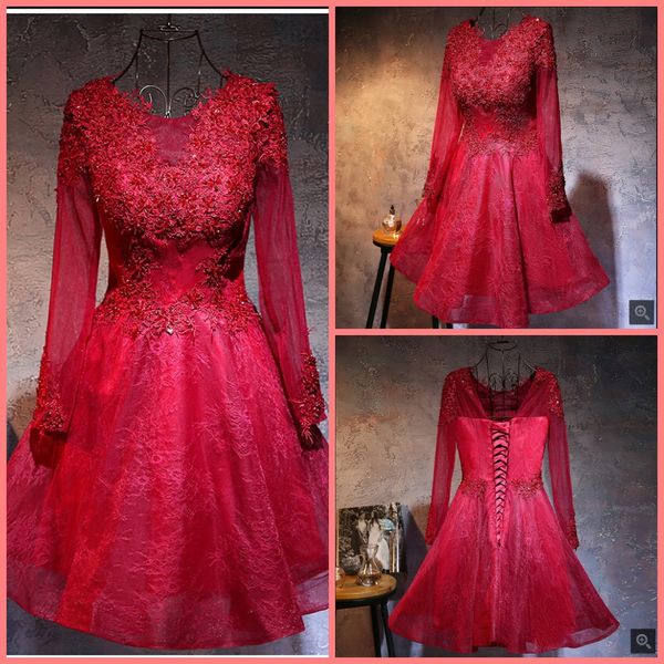 2019 vestido de festa a line short wine lace prom dress long sleeve beaded informal prom dresses corset modest muslim cocktail dress, Black
2019 vestido de festa a line short wine lace prom dress long sleeve beaded informal prom dresses corset modest muslim cocktail dress, Black