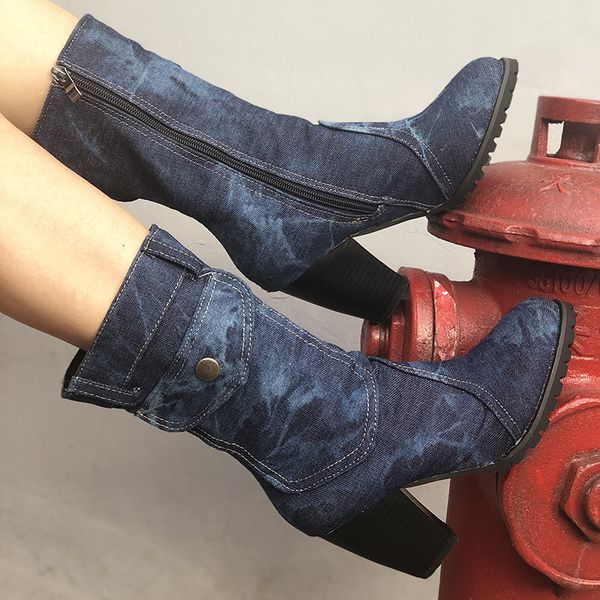 new winter women boots denim mid calf high square heel zipper rubber round toe faux suede slim platform ladies shoes botas mujer, Black 
new winter women boots denim mid calf high square heel zipper rubber round toe faux suede slim platform ladies shoes botas mujer, Black
