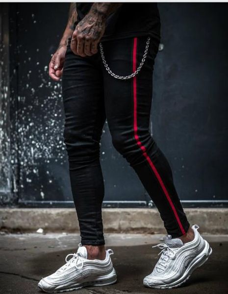 slim ripped black mens jeans designer pencil striped red pencil pants fashion trousers male clothing, Blue
slim ripped black mens jeans designer pencil striped red pencil pants fashion trousers male clothing, Blue
